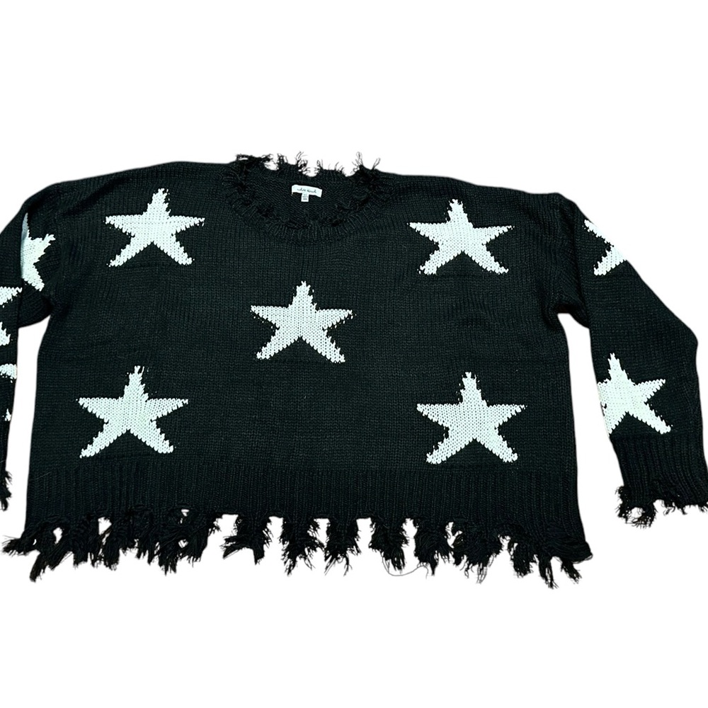 White Birch Women’s XL Oversized Cropped Black Star Sweater Distressed Hem